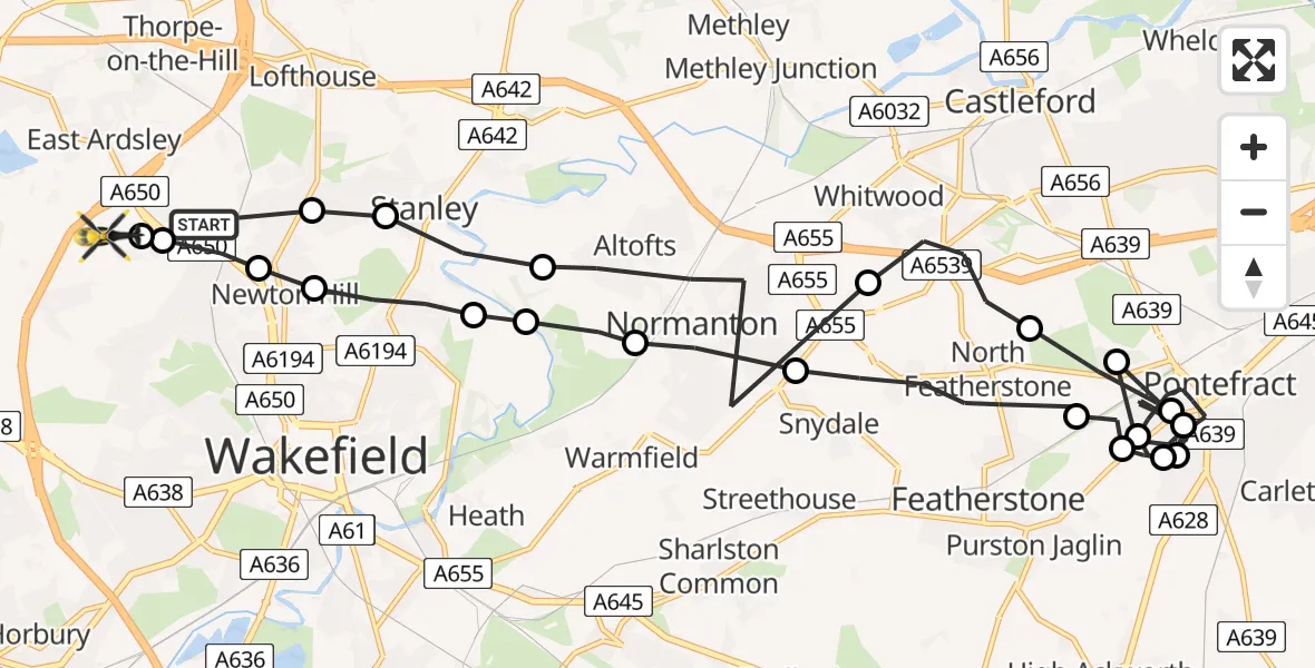 Flight route Police Helicopter Wrenthorpe - East Ardsley, 08 July 2026, 16:45