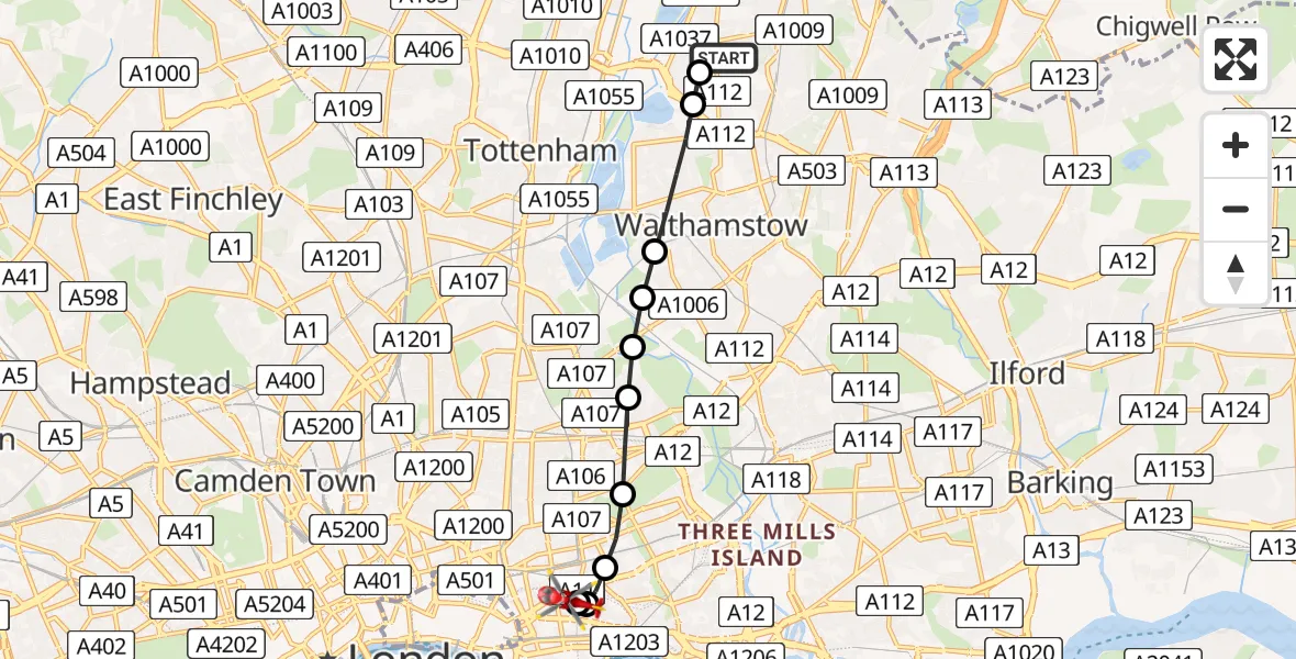 Flight route Air Ambulance Helicopter Highams Park - Royal London Hospital, 08 July 2026, 16:48