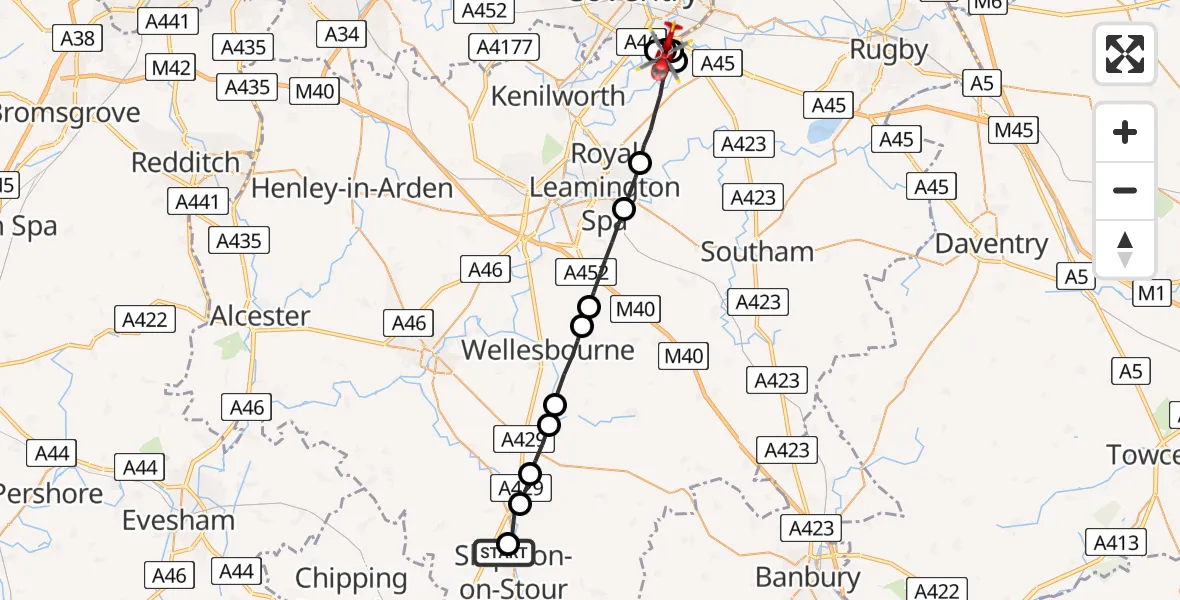 Flight route Air Ambulance Helicopter Tredington CP - Coventry Airport, 08 July 2026, 16:56