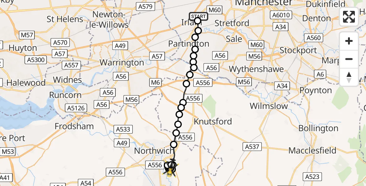 Flight route Police Helicopter Eccles - Davenham, 08 July 2026, 16:58