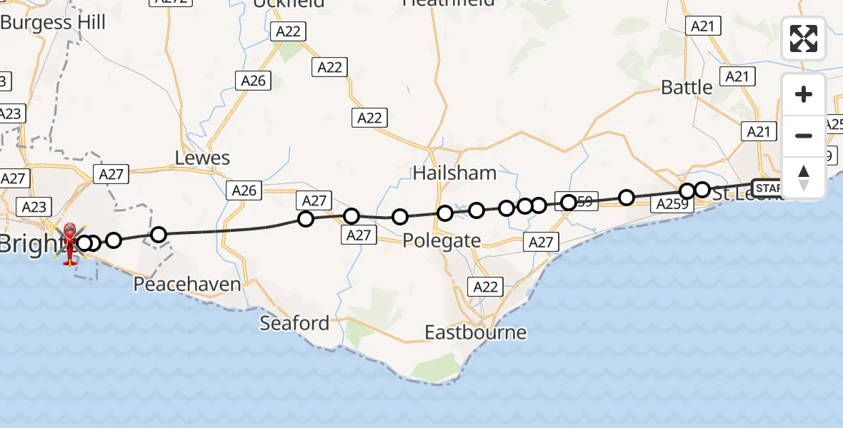 Flight route Air Ambulance Helicopter St Leonards - Brighton, 08 July 2026, 16:58