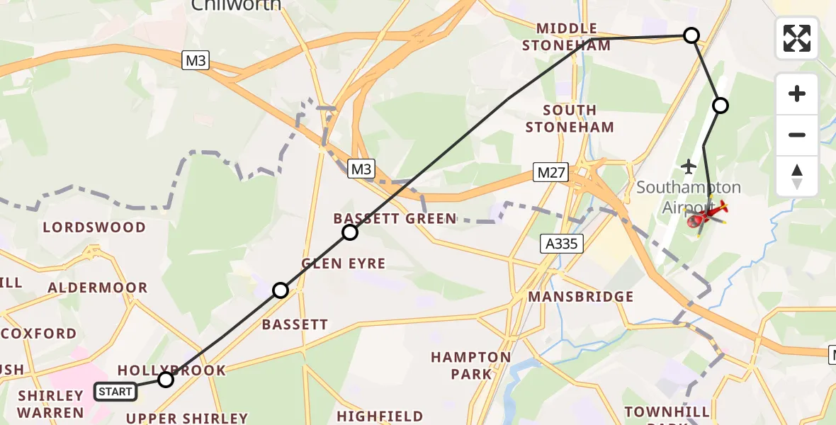 Flight route Air Ambulance Helicopter University Hospital Southampton - Southampton Airport, 08 July 2026, 17:09