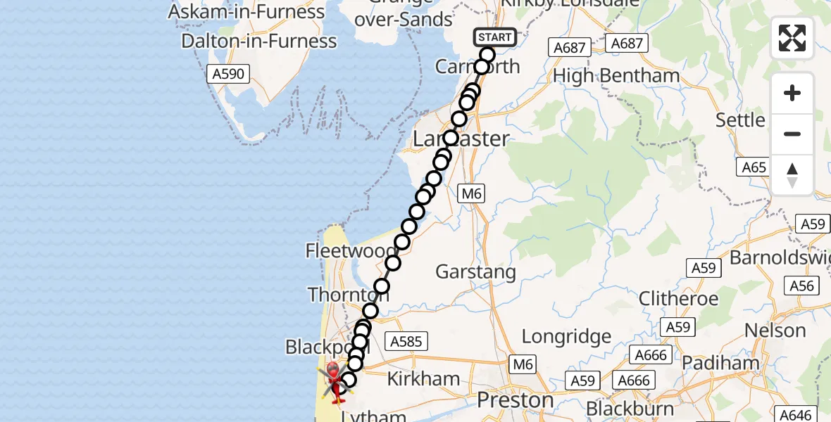 Flight route Air Ambulance Helicopter Yealand Conyers - Blackpool Airport, 08 July 2026, 17:11