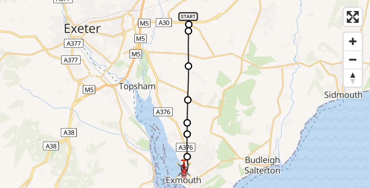 Flight route Air Ambulance Helicopter Exeter International Airport - Exmouth, 08 July 2026, 17:11