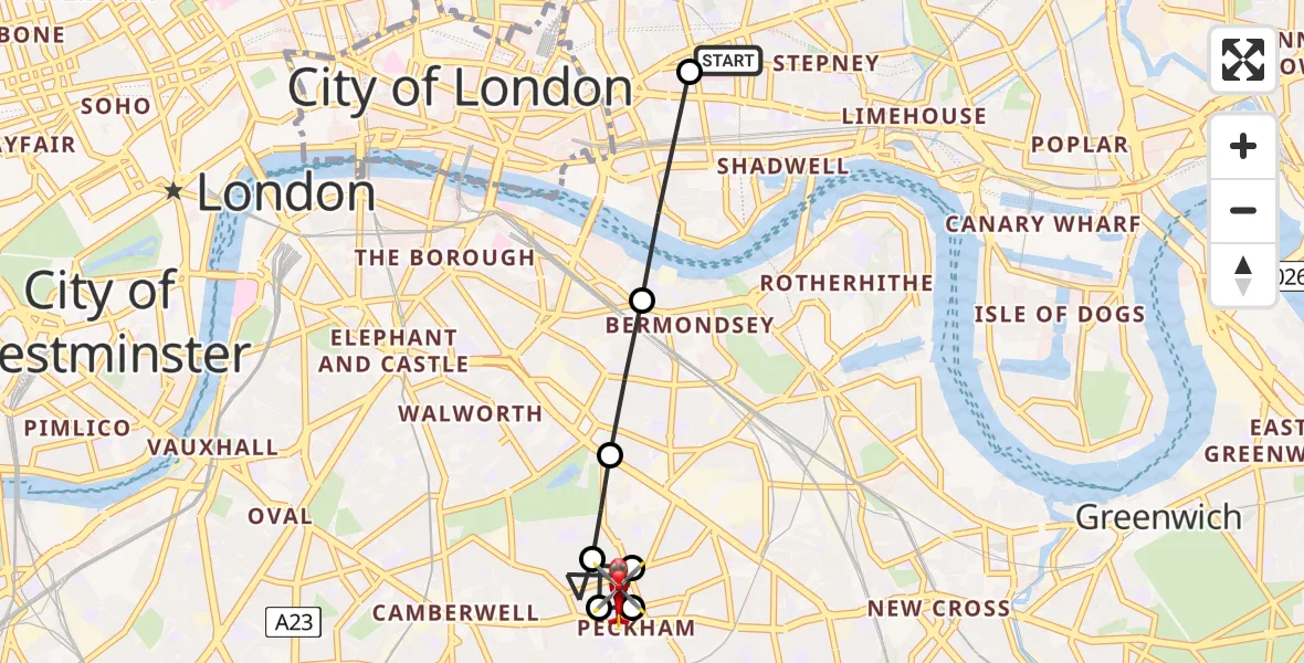 Flight route Air Ambulance Helicopter Royal London Hospital - Old Kent Road, 08 July 2026, 17:11