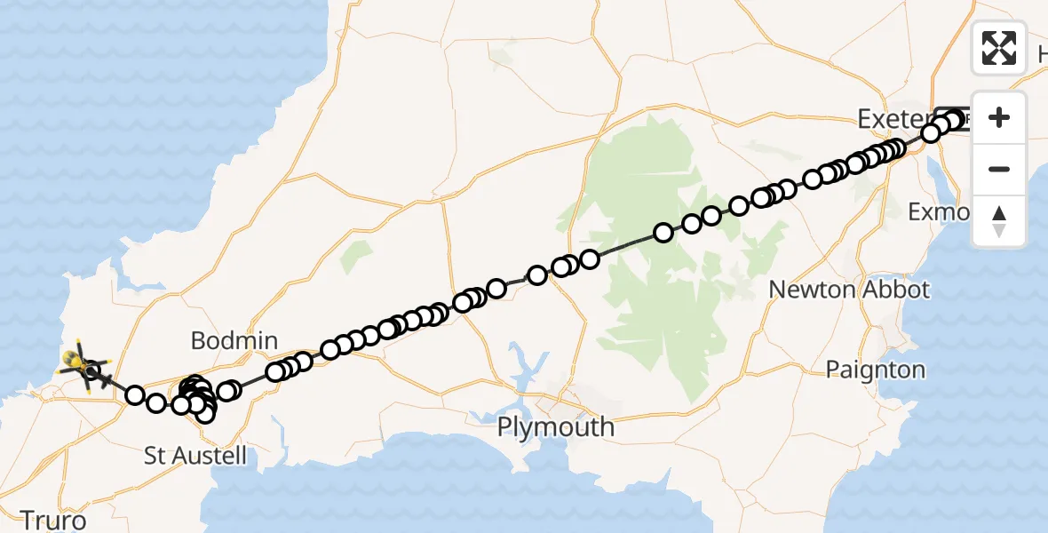 Flight route Police Helicopter Exeter International Airport - Cornwall Airport Newquay, 08 July 2026, 17:13