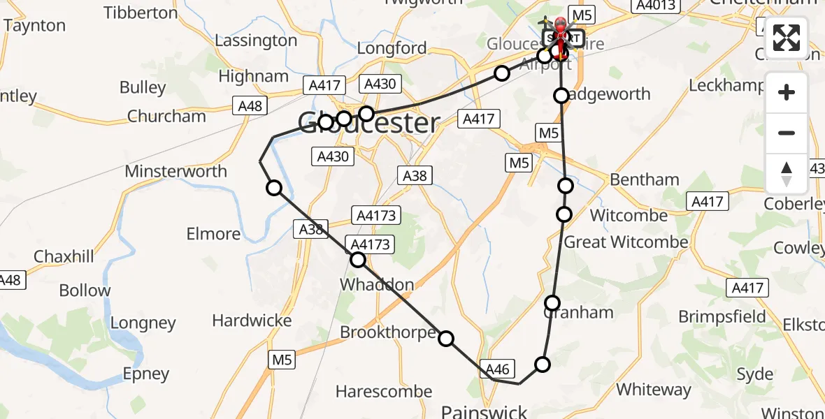 Flight route Air Ambulance Helicopter Gloucestershire Airport - Gloucestershire Airport, 08 July 2026, 17:13