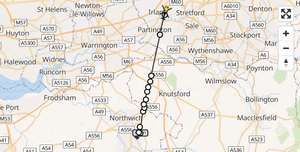 Flight route Police Helicopter Davenham - Irlam, 08 July 2026, 17:17
