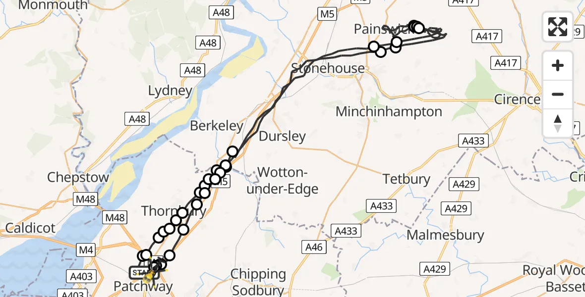 Flight route Police Helicopter Almondsbury - Almondsbury Helicopter Base, 08 July 2026, 17:20