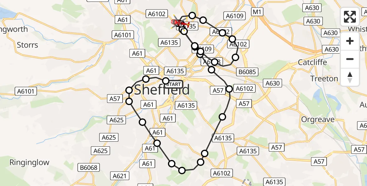 Flight route Air Ambulance Helicopter Park Hill - Sheffield Northern Hospital, 08 July 2026, 17:25