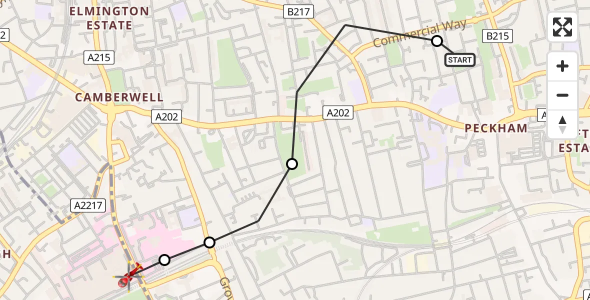 Flight route Air Ambulance Helicopter Peckham - Kings College London Hospital, 08 July 2026, 17:47
