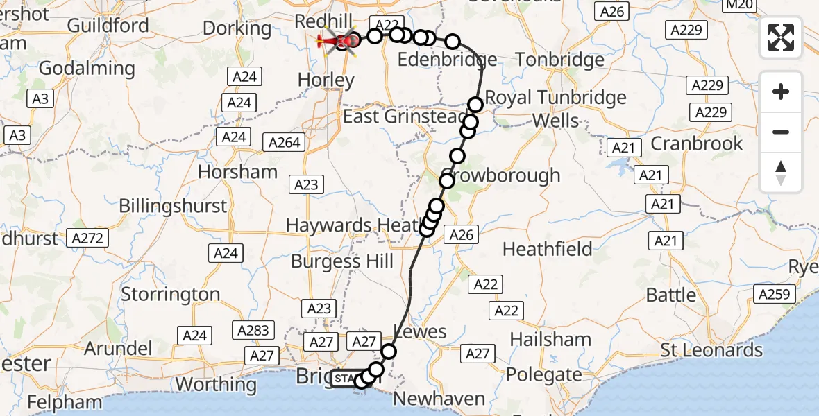 Flight route Air Ambulance Helicopter Brighton - Redhill Aerodrome, 08 July 2026, 17:52