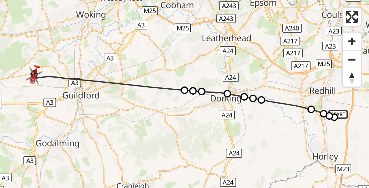 Flight route Air Ambulance Helicopter Redhill Aerodrome - Guildford, 08 July 2026, 17:54