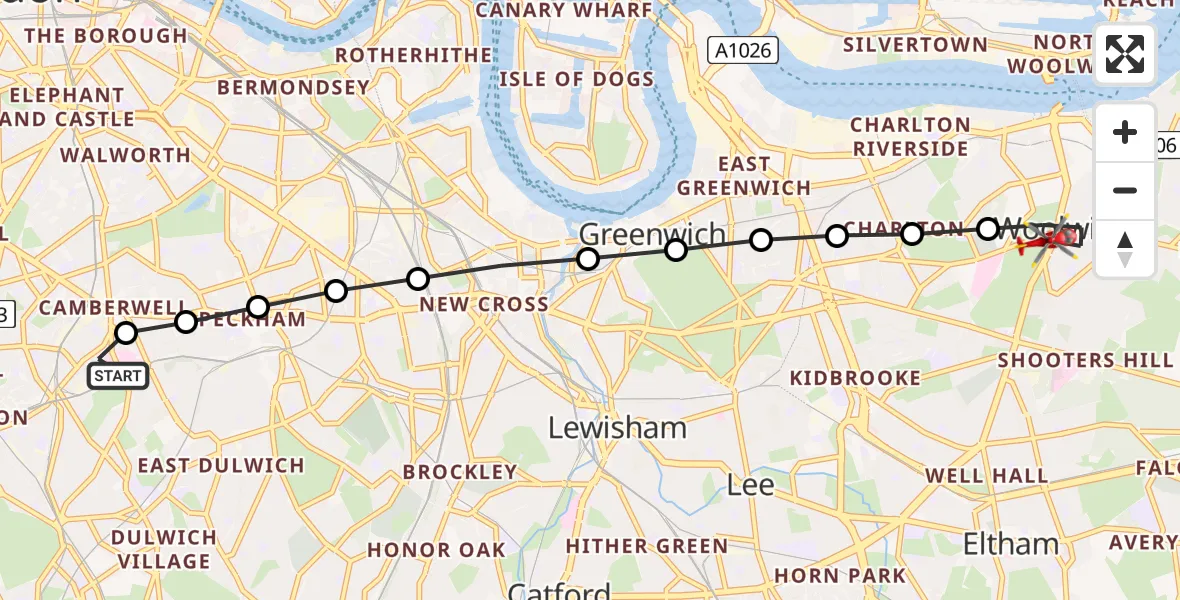 Flight route Air Ambulance Helicopter Kings College London Hospital - Shooters Hill, 08 July 2026, 18:00