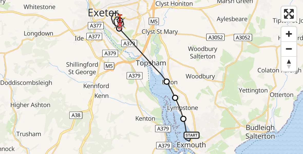 Flight route Air Ambulance Helicopter Exmouth - Royal Devon & Exeter Hospital, 08 July 2026, 18:02