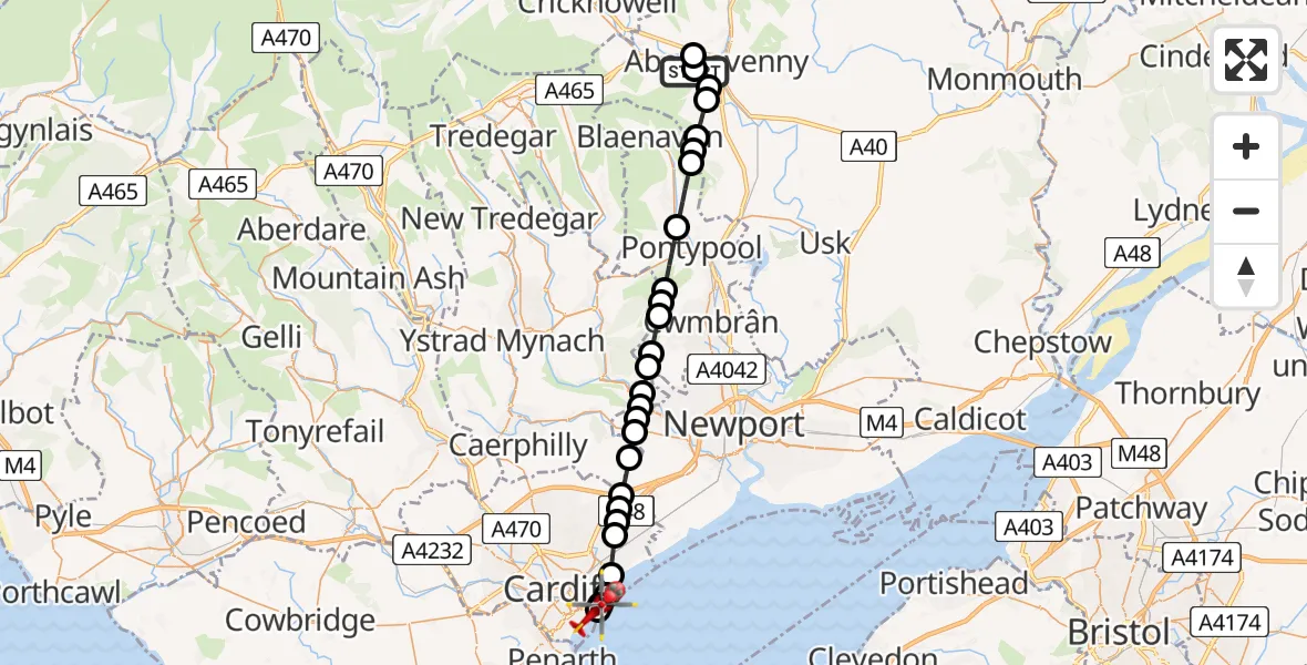 Flight route Air Ambulance Helicopter Abergavenny - Cardiff Heliport, 08 July 2026, 18:07