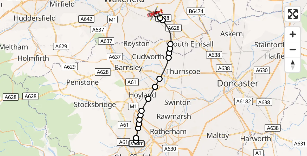 Flight route Air Ambulance Helicopter Sheffield Northern Hospital - YAA Nostell Helicopter Port, 08 July 2026, 18:09