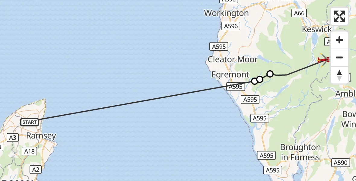 Flight route Air Ambulance Helicopter Andreas-Ballavoddan House Airstrip - Borrowdale, 08 July 2026, 18:18