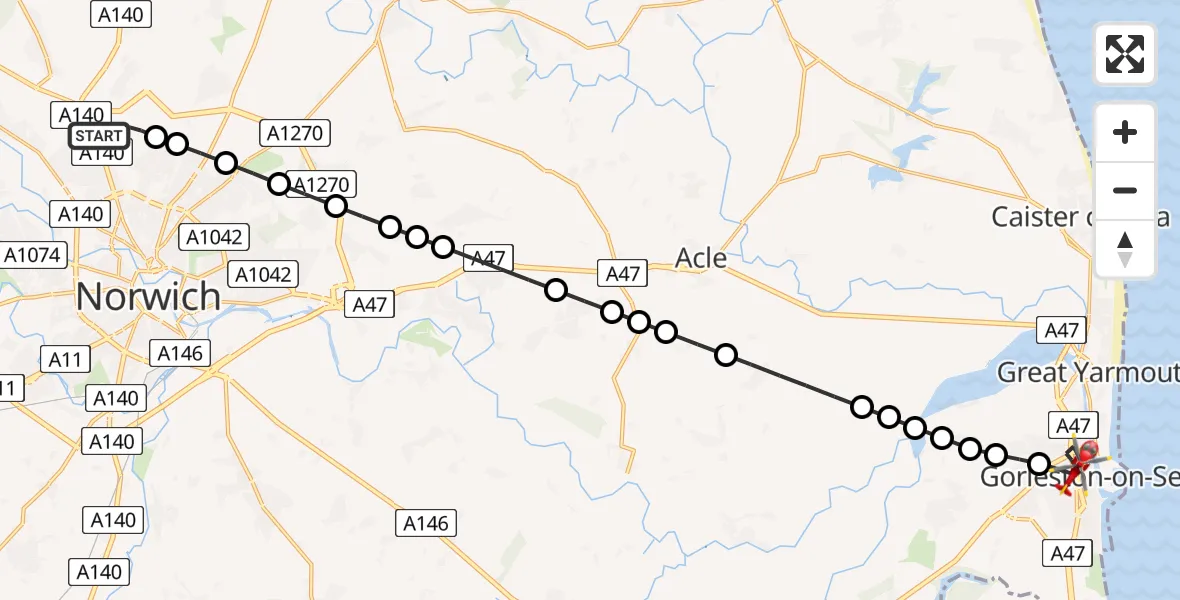 Flight route Air Ambulance Helicopter Norwich Airport - Gorleston-on-Sea, 08 July 2026, 18:19