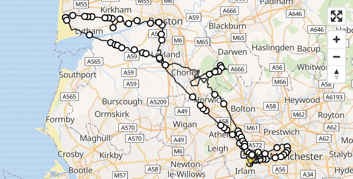 Flight route Police Helicopter Boothstown - Manchester Barton Aerodrome, 08 July 2026, 18:19