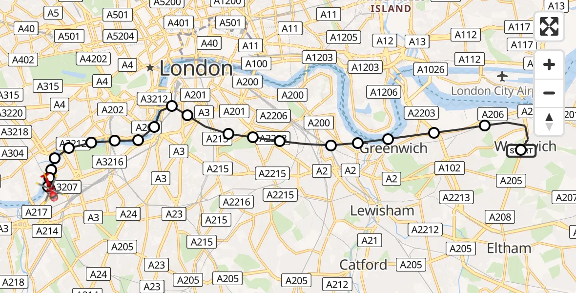 Flight route Air Ambulance Helicopter Shooters Hill - London Heliport, 08 July 2026, 18:26