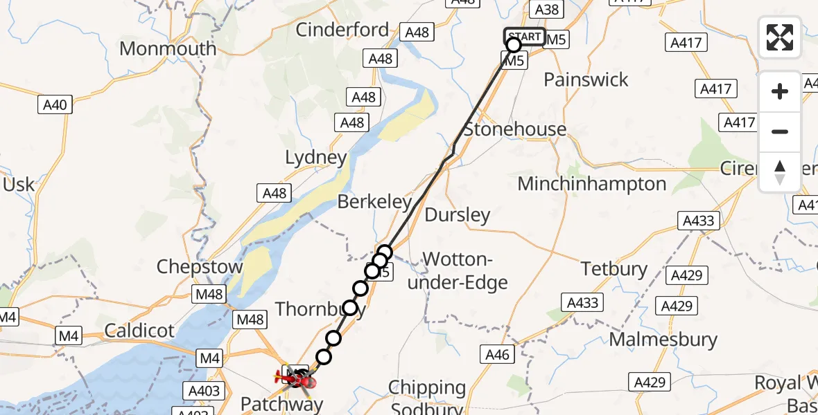 Flight route Air Ambulance Helicopter Gloucester - Almondsbury Helicopter Base, 08 July 2026, 18:37