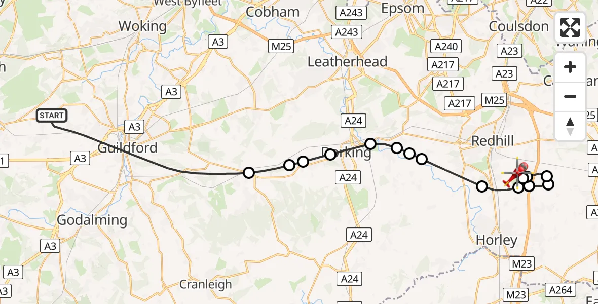 Flight route Air Ambulance Helicopter Guildford - Redhill Aerodrome, 08 July 2026, 18:40