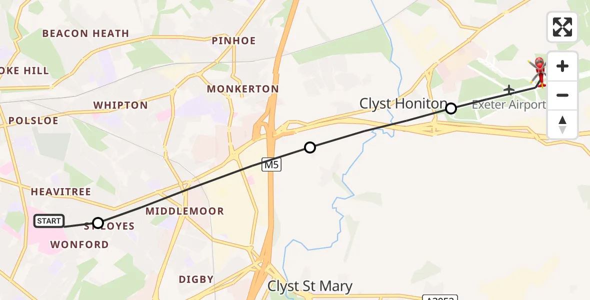 Flight route Air Ambulance Helicopter Royal Devon & Exeter Hospital - Exeter International Airport, 08 July 2026, 18:40