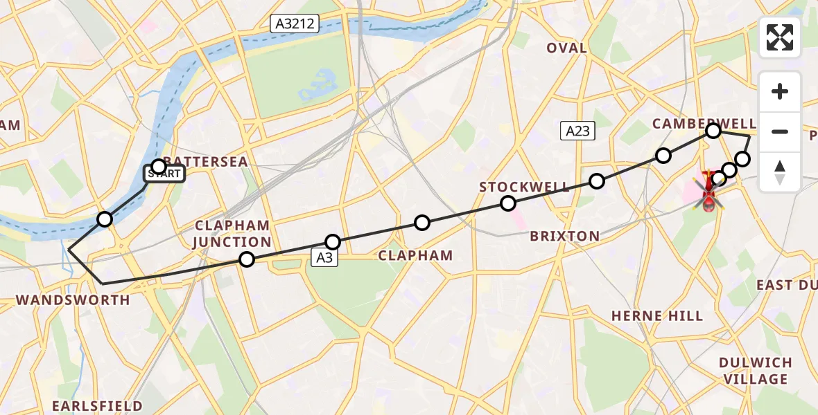 Flight route Air Ambulance Helicopter London Heliport - Kings College London Hospital, 08 July 2026, 18:48