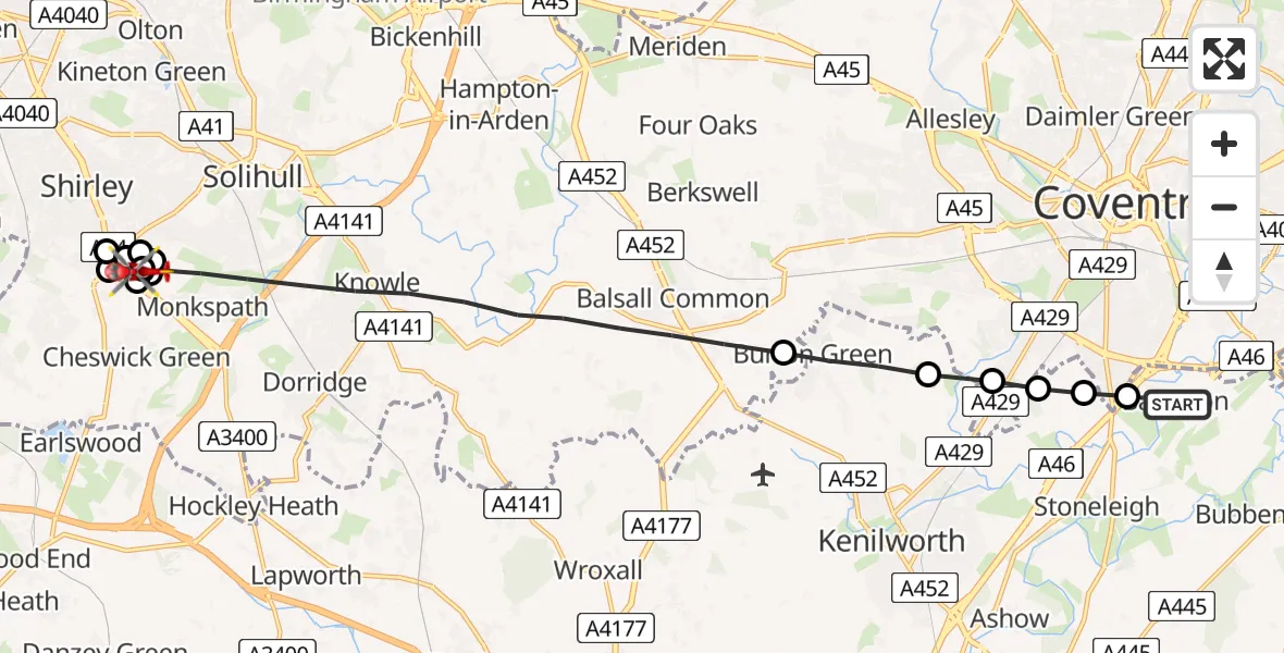 Flight route Air Ambulance Helicopter Warwick - Shirley, 08 July 2026, 18:56