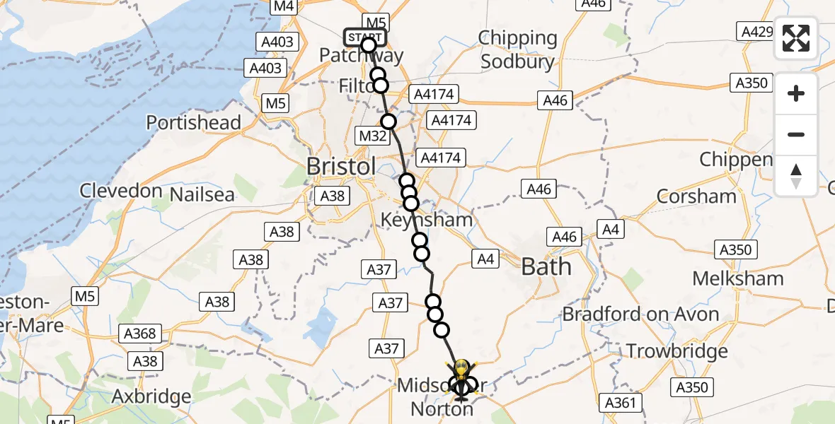 Flight route Police Helicopter Almondsbury - Midsomer Norton, 08 July 2026, 19:05