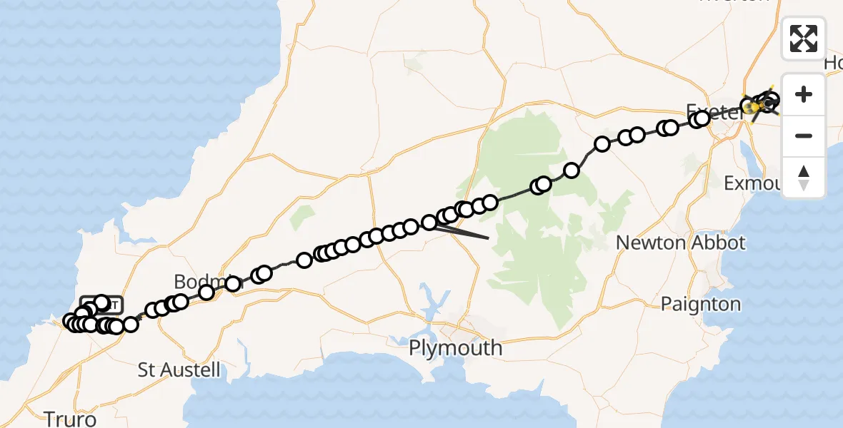 Flight route Police Helicopter Cornwall Airport Newquay - Exeter International Airport, 08 July 2026, 19:11