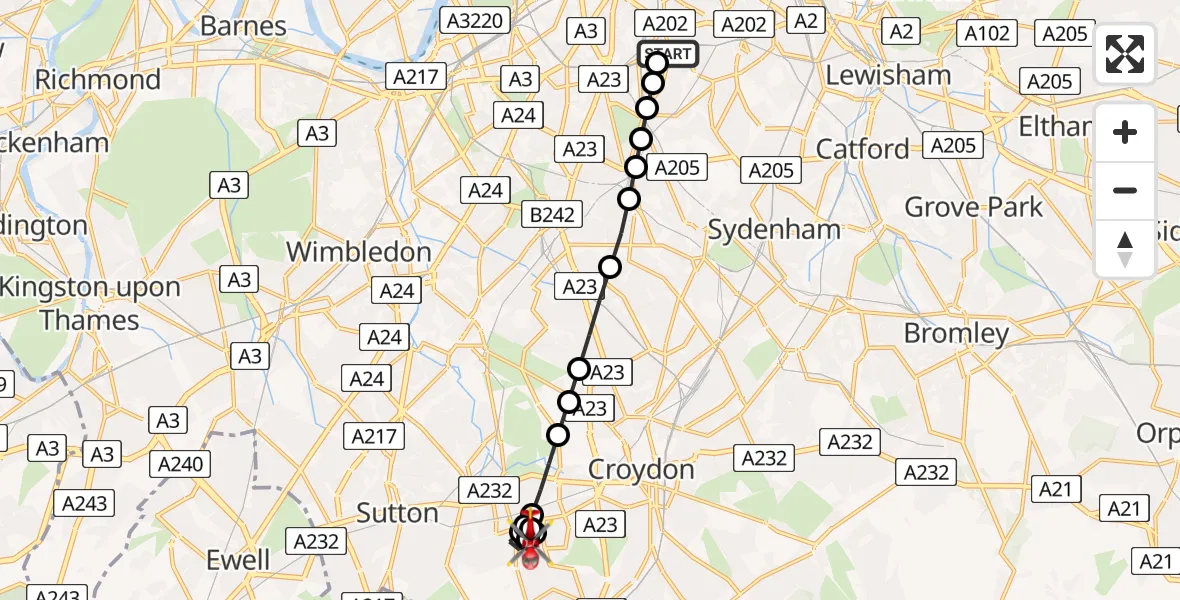 Flight route Air Ambulance Helicopter Kings College London Hospital - South Beddington, 08 July 2026, 19:16