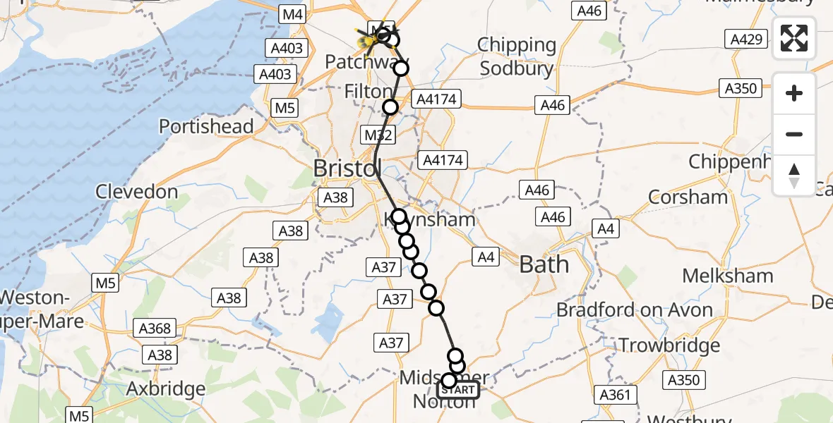 Flight route Police Helicopter Waterside - Almondsbury Helicopter Base, 08 July 2026, 19:21