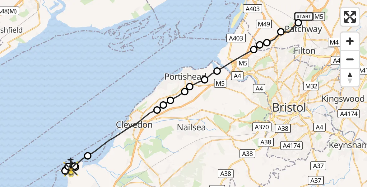 Flight route Police Helicopter Almondsbury - Kewstoke, 08 July 2026, 19:40