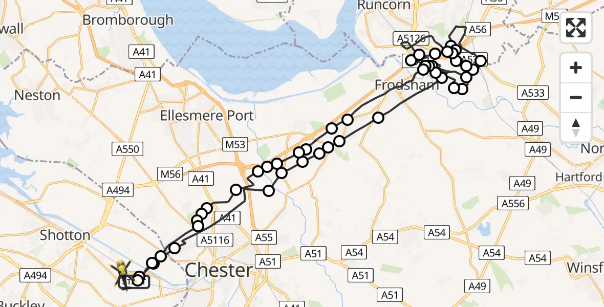 Flight route Police Helicopter Hawarden Airport - Hawarden Airport, 08 July 2026, 19:52