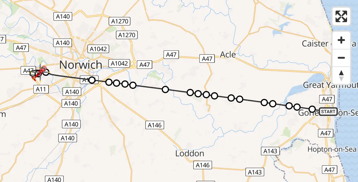 Flight route Air Ambulance Helicopter Gorleston-on-Sea - Norfolk & Norwich Hospital, 08 July 2026, 19:52