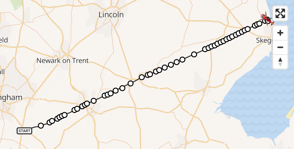 Flight route Air Ambulance Helicopter Hickling - Chapel St Leonards, 08 July 2026, 20:04