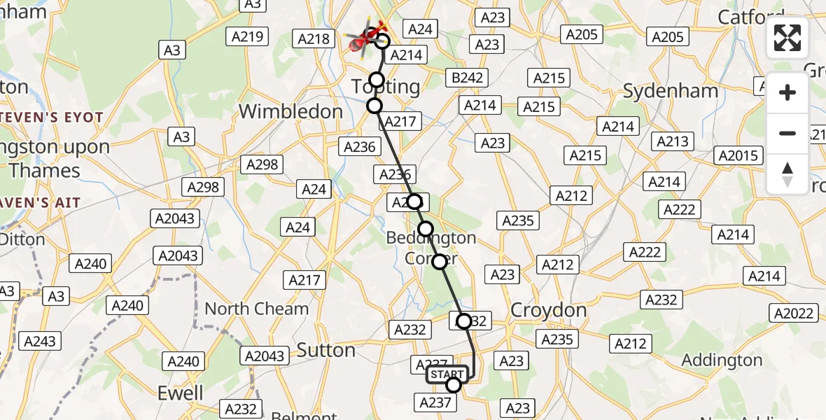Flight route Air Ambulance Helicopter South Beddington - Summerstown, 08 July 2026, 20:05
