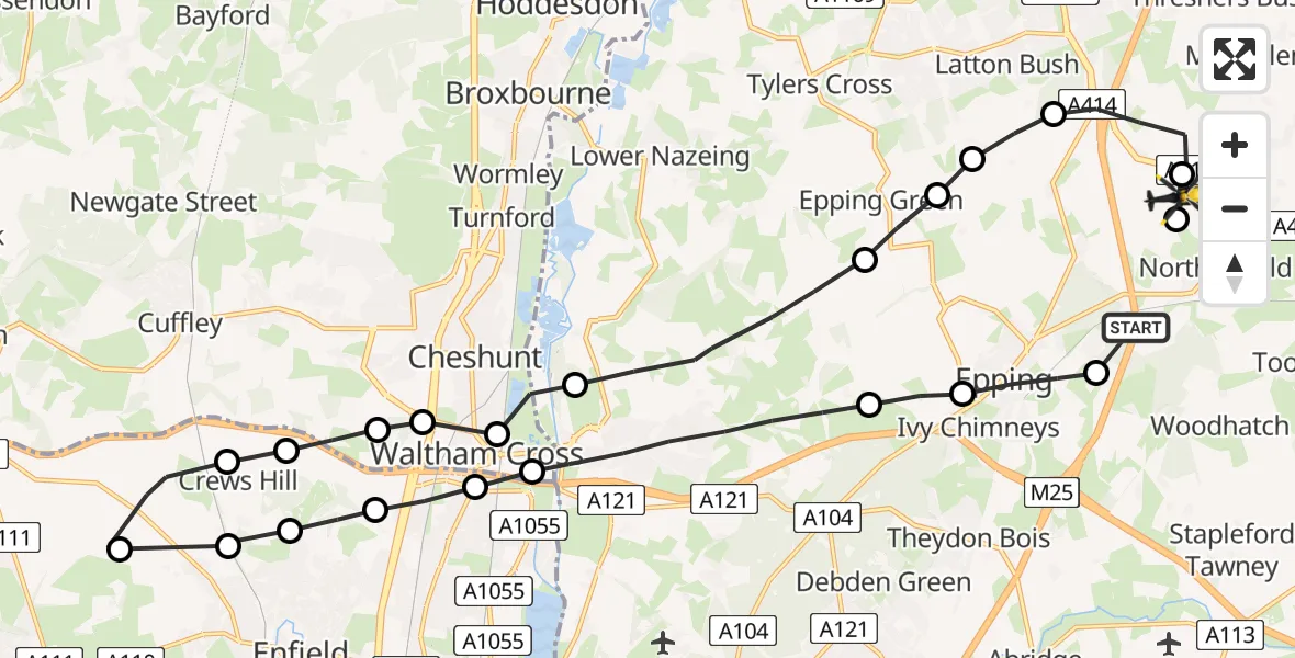 Flight route Police Helicopter Coopersale - North Weald Airfield, 08 July 2026, 20:15