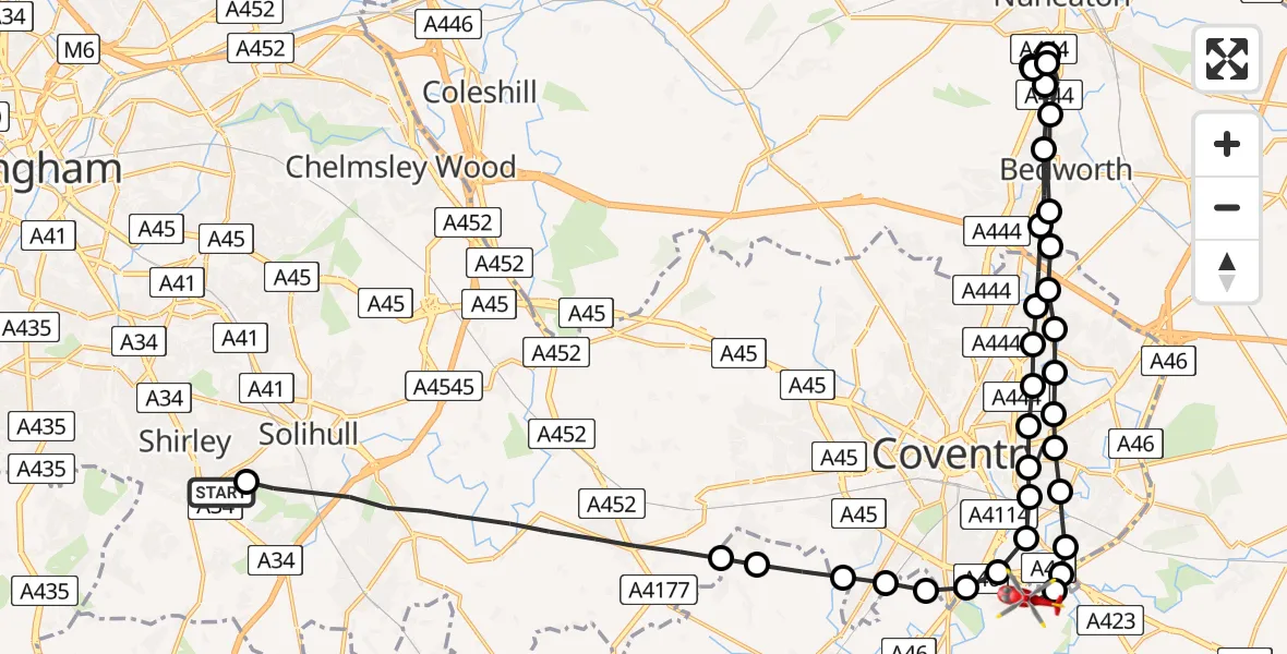 Flight route Air Ambulance Helicopter Solihull - Coventry Airport, 08 July 2026, 20:27