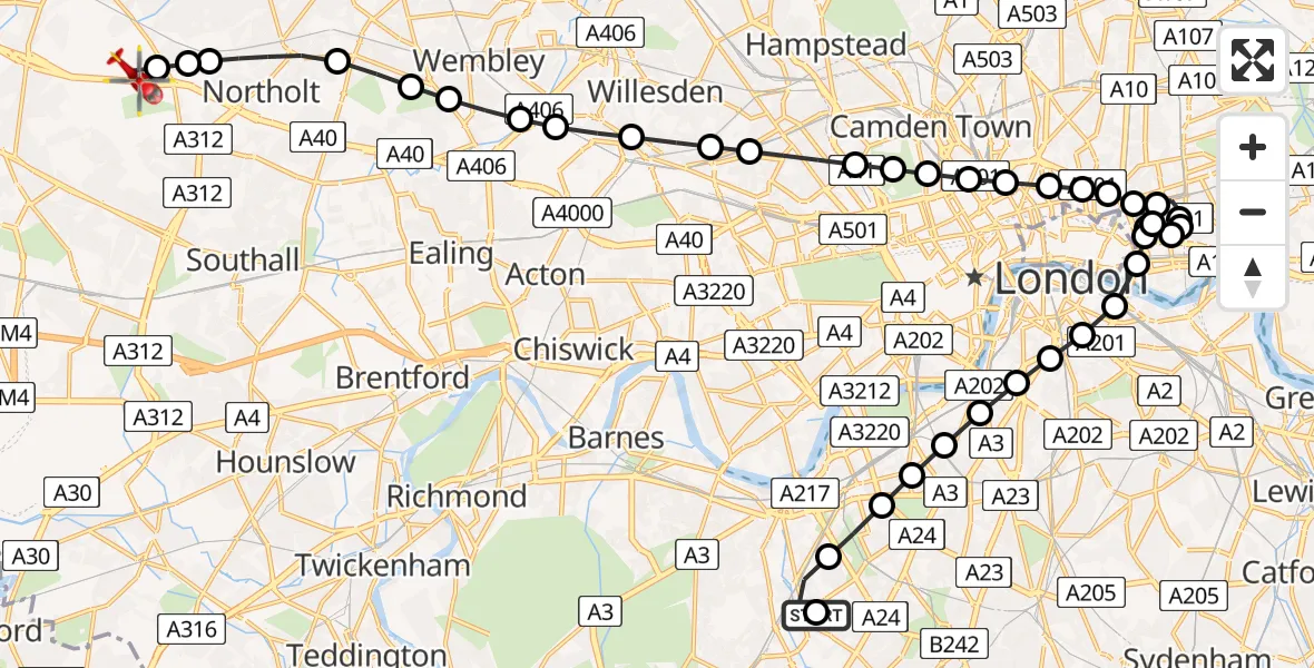 Flight route Air Ambulance Helicopter Summerstown - RAF Northolt, 08 July 2026, 20:27