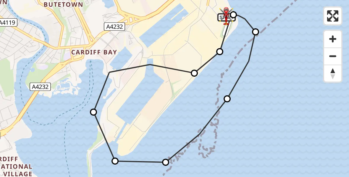 Flight route Air Ambulance Helicopter Cardiff Heliport - Cardiff Heliport, 08 July 2026, 20:28