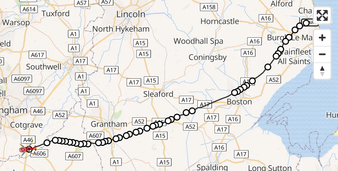 Flight route Air Ambulance Helicopter Addlethorpe - Nottingham Heliport, 08 July 2026, 20:43