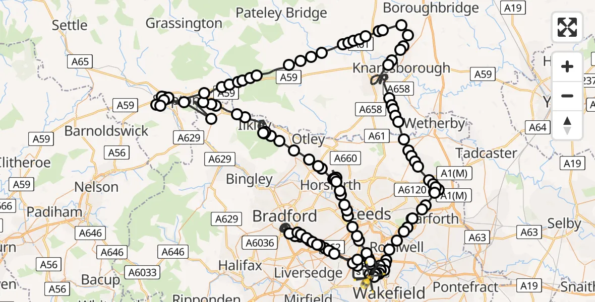 Flight route Police Helicopter East Ardsley - East Ardsley, 08 July 2026, 20:57