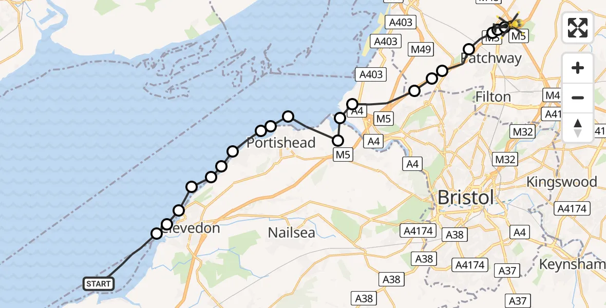 Flight route Police Helicopter Bristol Channel - Almondsbury Helicopter Base, 08 July 2026, 20:58