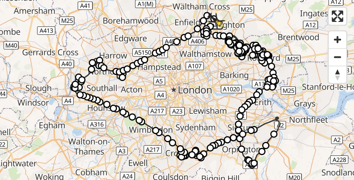 Flight route Police Helicopter Sewardstonebury - Sewardstonebury, 08 July 2026, 21:02