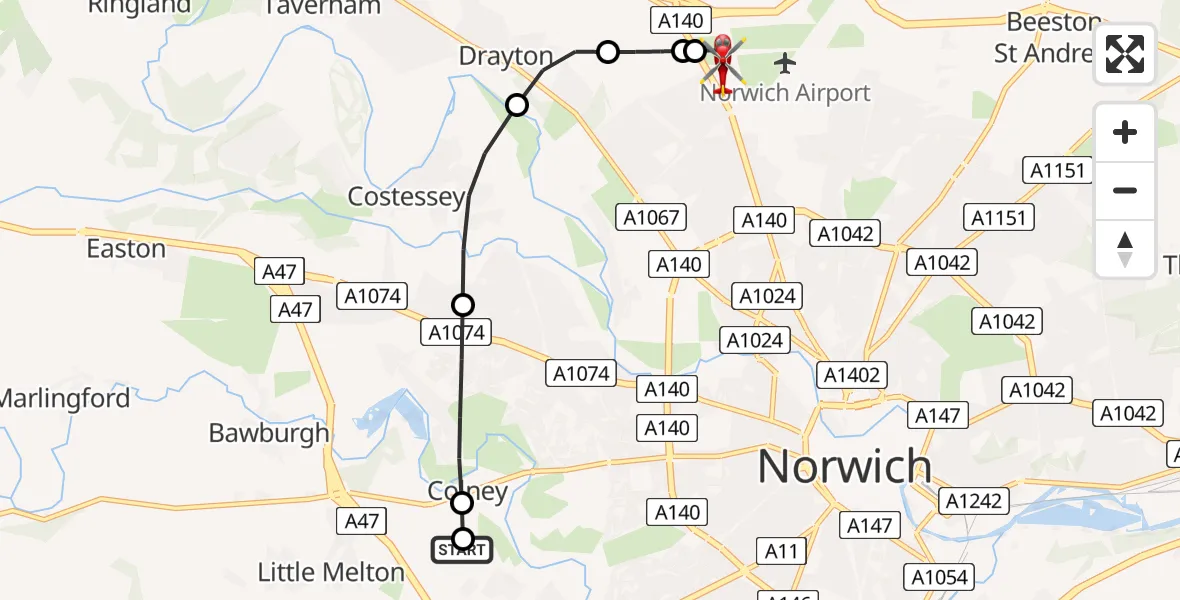 Flight route Air Ambulance Helicopter Norfolk & Norwich Hospital - Norwich Airport, 08 July 2026, 21:14