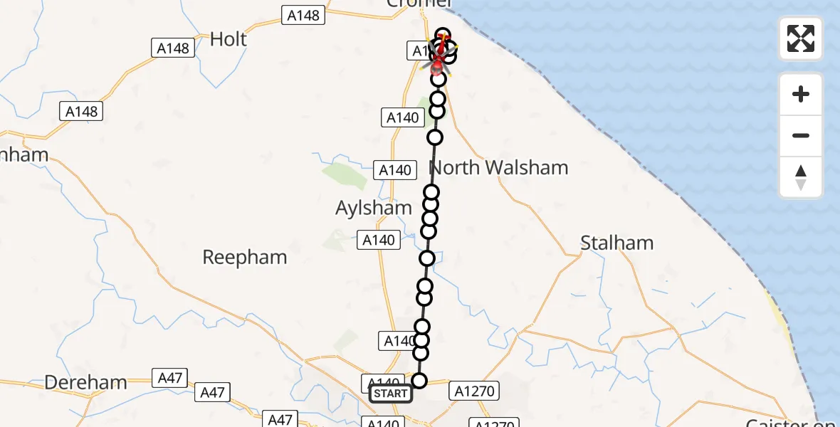 Flight route Air Ambulance Helicopter Norwich Airport - Northrepps Aerodrome, 08 July 2026, 21:55