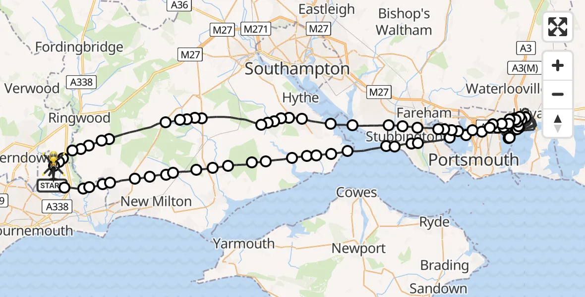 Flight route Police Helicopter Bournemouth Airport - Bournemouth Airport, 08 July 2026, 22:01